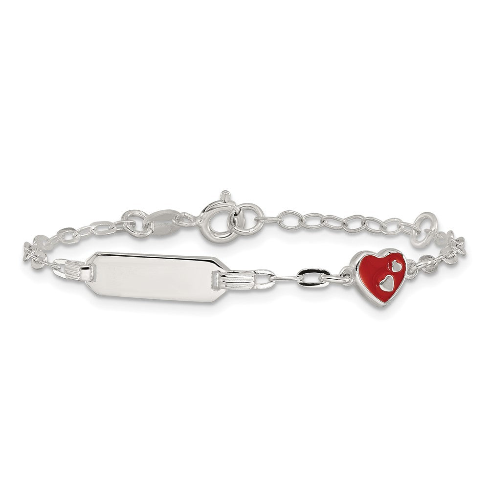Sterling Silver Polished Red and White Enameled Heart 5 inch with 1 inch extension Childrens ID Bracelet QID268-5