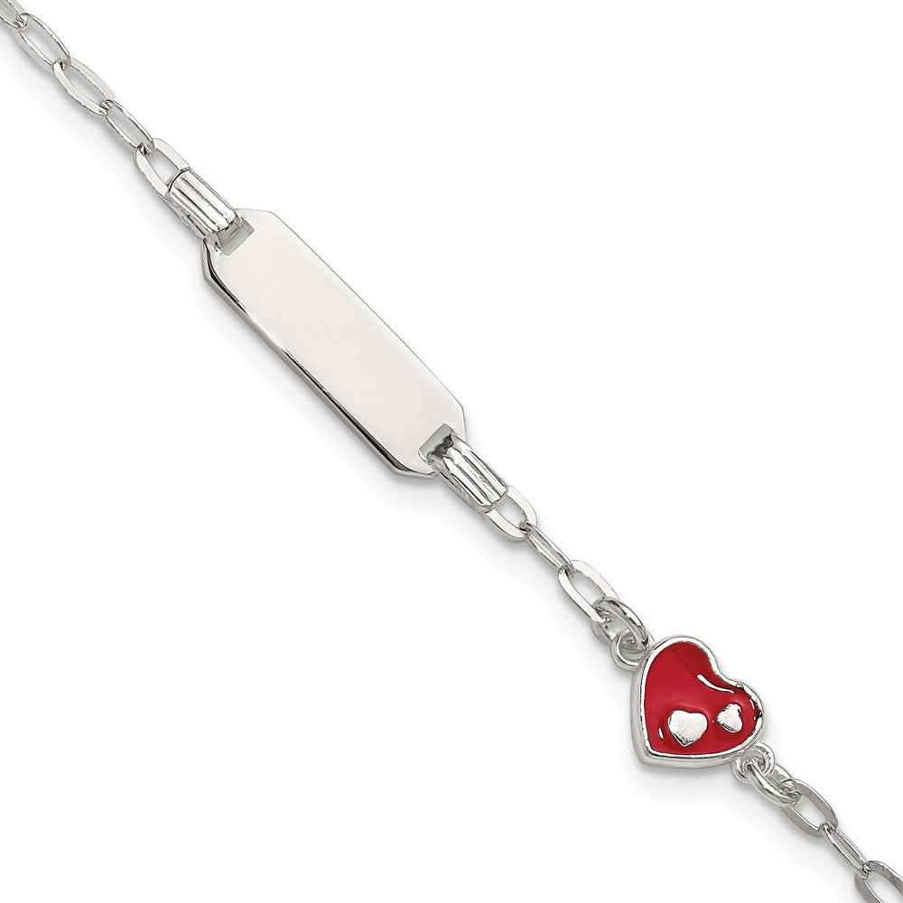 Sterling Silver Polished Red and White Enameled Heart 5 inch with 1 inch extension Childrens ID Bracelet QID268-5