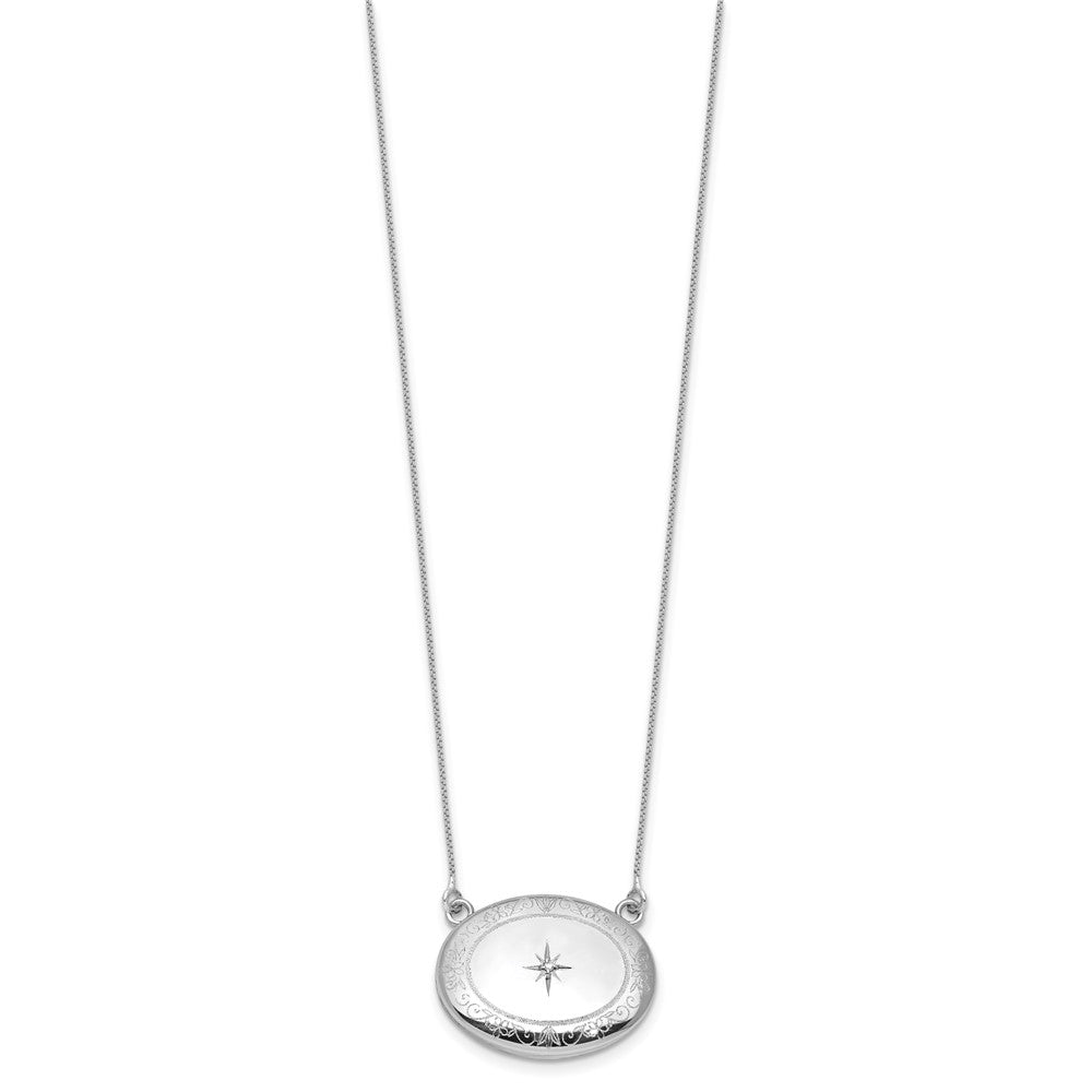 Sterling Silver Rhodium-plated Polished Front/Brushed Back 1/20 ct. Diamond Floral 18.75 inch with 2 inch ext. 20mm Oval Locket Necklace QLS1231