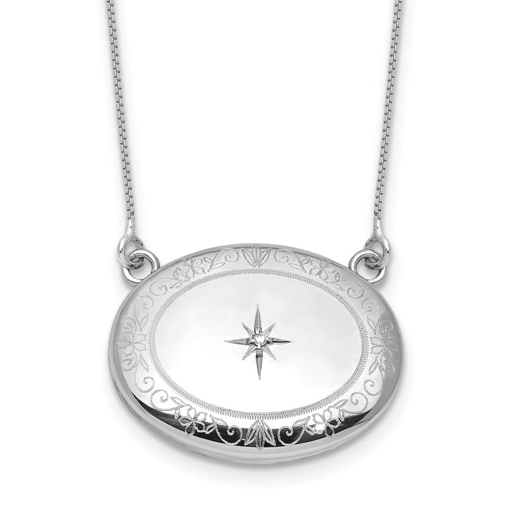 Sterling Silver Rhodium-plated Polished Front/Brushed Back 1/20 ct. Diamond Floral 18.75 inch with 2 inch ext. 20mm Oval Locket Necklace QLS1231