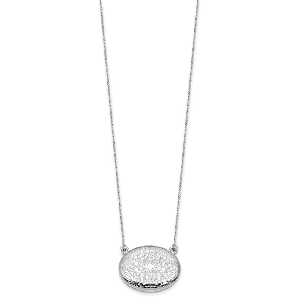 Sterling Silver Rhodium-plated Polished Front/Brushed Back 18.75 inch with 2 inch extension 20mm Oval Filigree Locket Necklace QLS1233