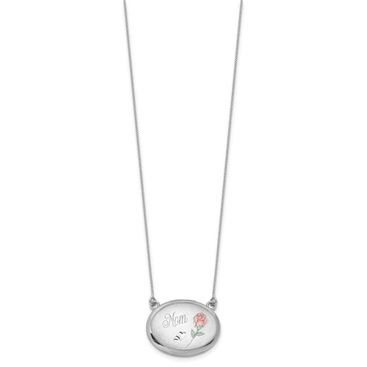 Sterling Silver Rhodium-plated Brushed/Polished Pink and Green Epoxy MOM Rose 18.75 inch with 2 inch ext. 20mm Oval Locket Necklace QLS1235