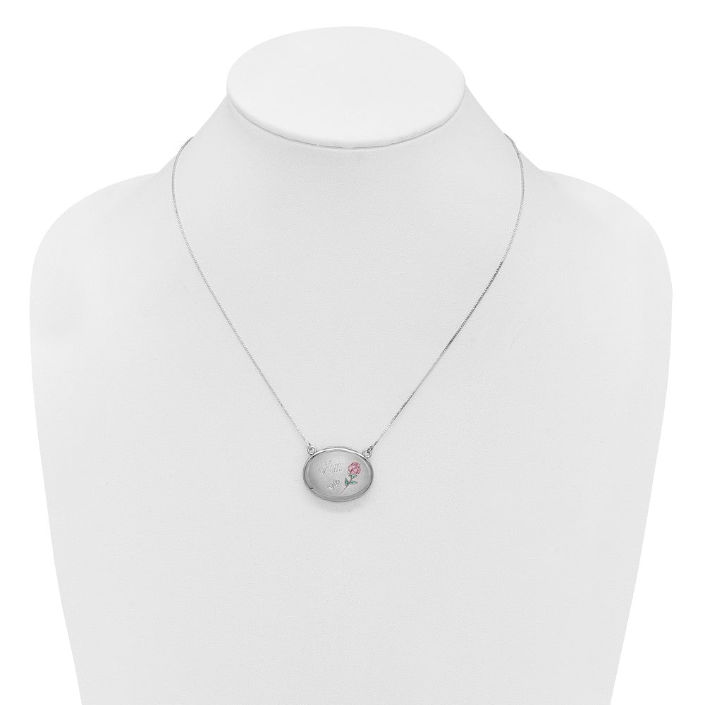 Sterling Silver Rhodium-plated Brushed/Polished Pink and Green Epoxy MOM Rose 18.75 inch with 2 inch ext. 20mm Oval Locket Necklace QLS1235