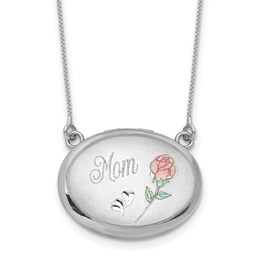 Sterling Silver Rhodium-plated Brushed/Polished Pink and Green Epoxy MOM Rose 18.75 inch with 2 inch ext. 20mm Oval Locket Necklace QLS1235