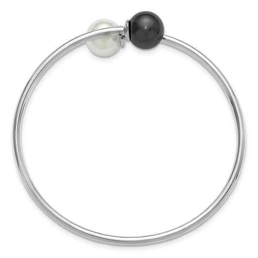 Sterling Silver Rh-plat 10-11mm Wht Blk Imitat Shell Pearl Bangle Bracelet QMJB133WB