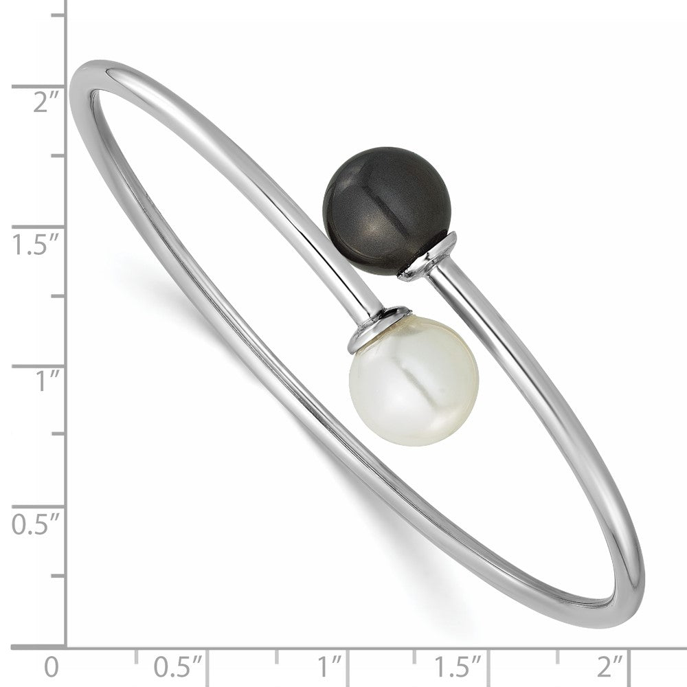 Sterling Silver Rh-plat 10-11mm Wht Blk Imitat Shell Pearl Bangle Bracelet QMJB133WB