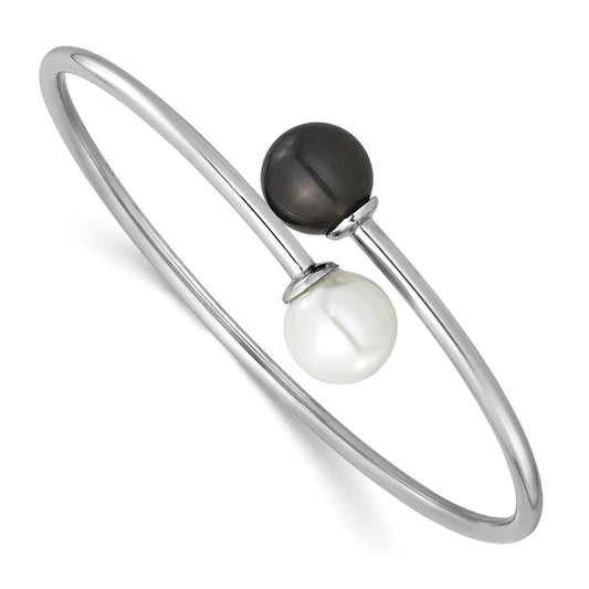 Sterling Silver Rh-plat 10-11mm Wht Blk Imitat Shell Pearl Bangle Bracelet QMJB133WB