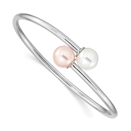 Majestik Sterling Silver Rhodium-plated 10-11mm White Pink Imitation Shell Pearl Bangle QMJB133WP