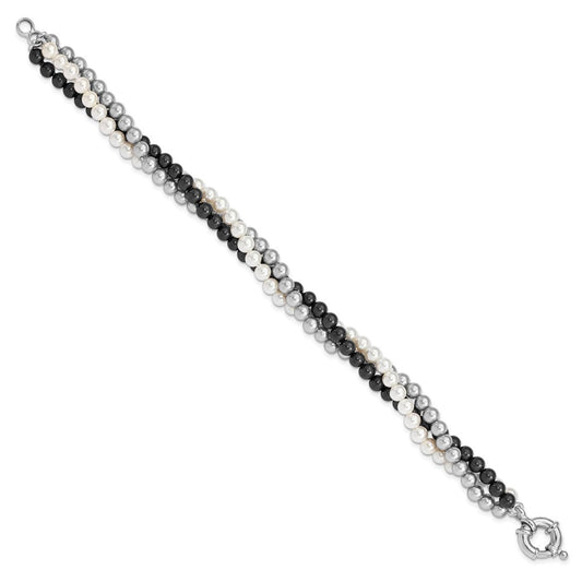 Majestik Sterling Silver Rhodium-plated 3 Row 4-5mm White Grey Black Imitation Shell Pearl Hand-knotted Bracelet QMJB340WGB-7.5