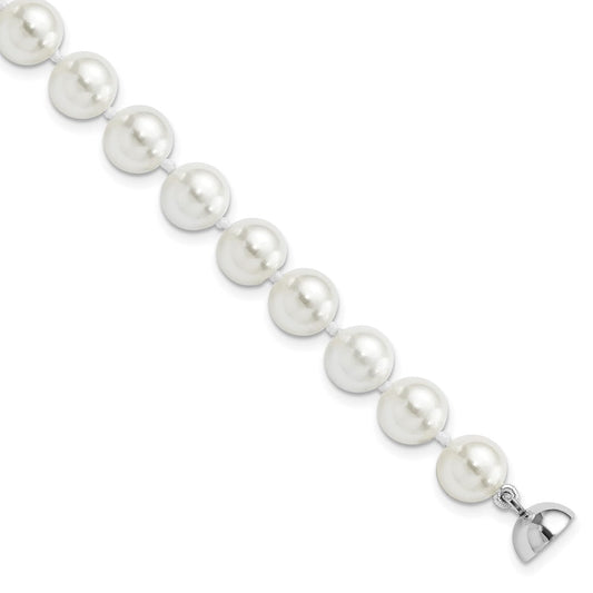 Majestic Sterling Silver Rhodium-plated 8-9mm White Imitation Shell Pearl Hand-knotted Bracelet QMJBM8W-7.5