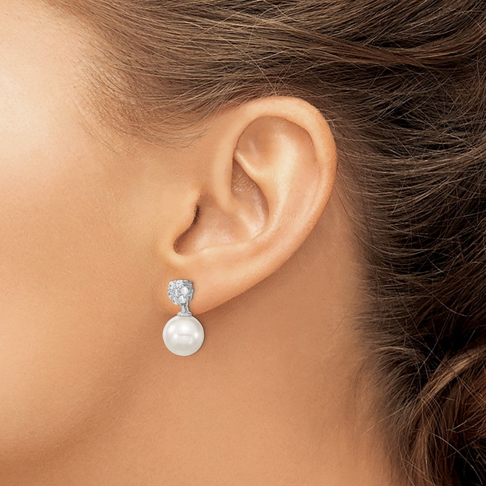 QMJE112W Majestik Sterling Silver Rhodium-plated 10-11mm White Imitation Shell Pearl CZ Post Dangle Earrings