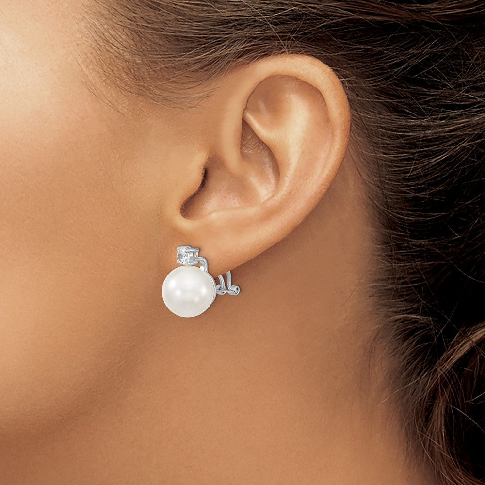 QMJE123W Majestik Sterling Silver Rhodium-plated 12-13mm White Shell Imitation Pearl and Clear CZ Omega Back Post Earrings