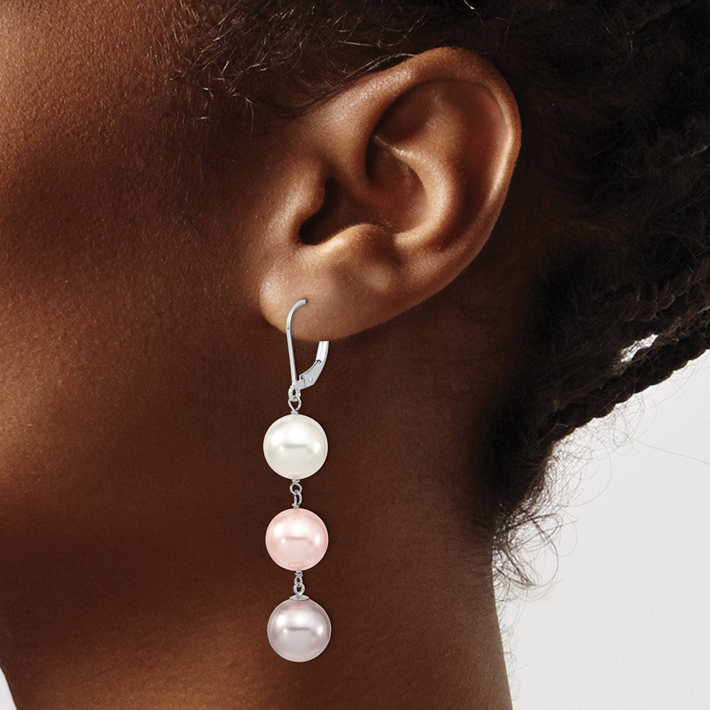 QMJEL131WPPU Majestic Sterling Silver Rhodium-plated 10-11mm White  Pink and Purple Imitation Shell Pearl Leverback Dangle Earrings