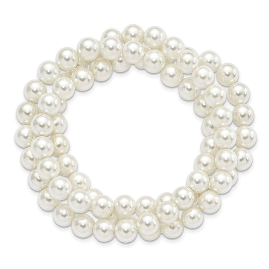 Majestik 7-8mm White Imitation Shell Pearl Hand-knotted Set of 3 Stretch Bracelets QMJS700W