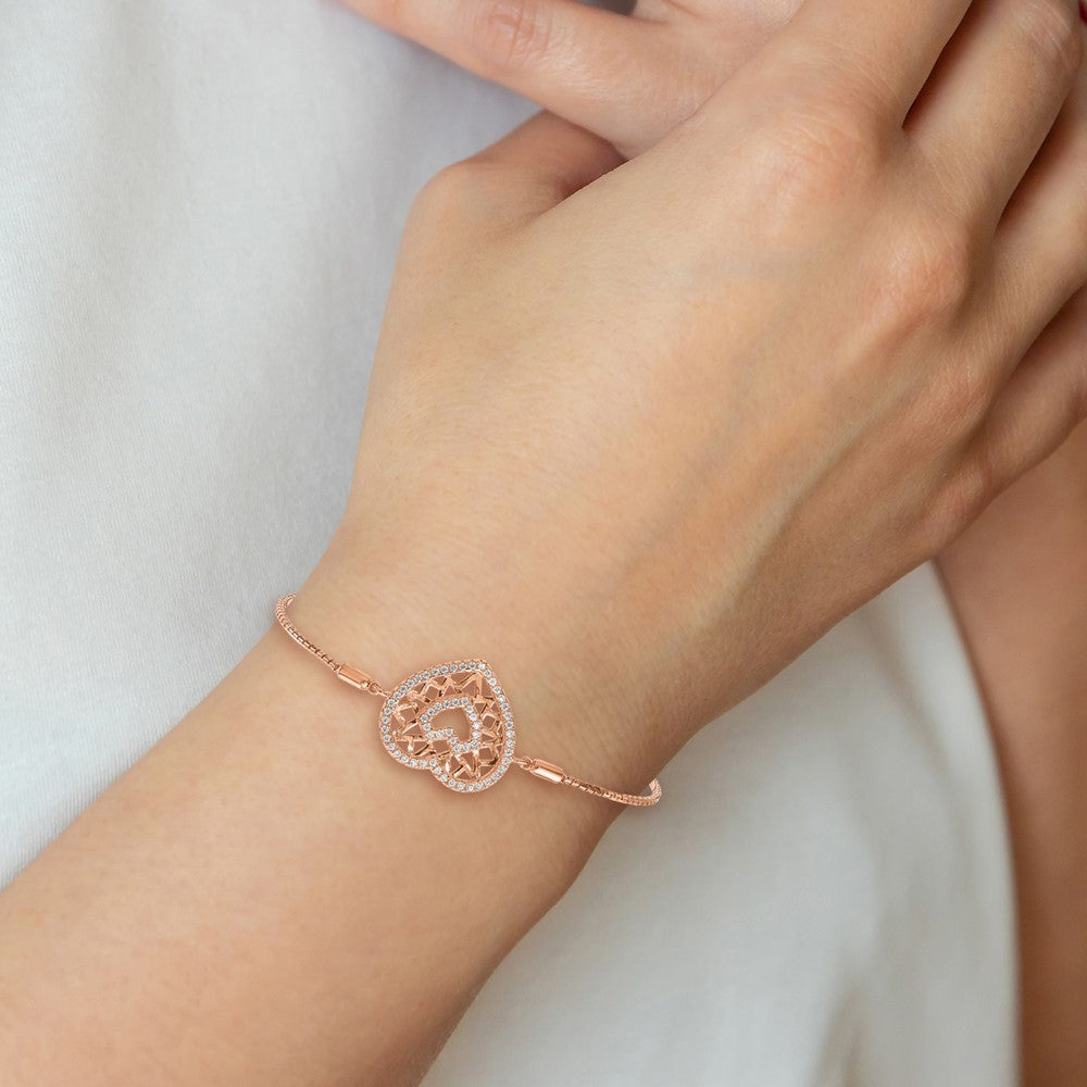 Brilliant Embers Sterling Silver Rose-tone Flash Rose Gold-plated 60 Stone Filigree CZ Heart Adjustable Bracelet QMP1388