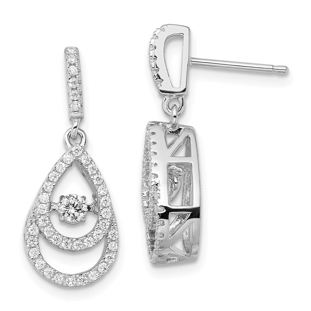 QMP1398 Brilliant Embers Sterling Silver Rhodium-plated 82 Stone CZ Moving Center Pear Shaped Vibrant CZ with Micro Pav������������������������������������������������������ CZ Dangle Post Earrings