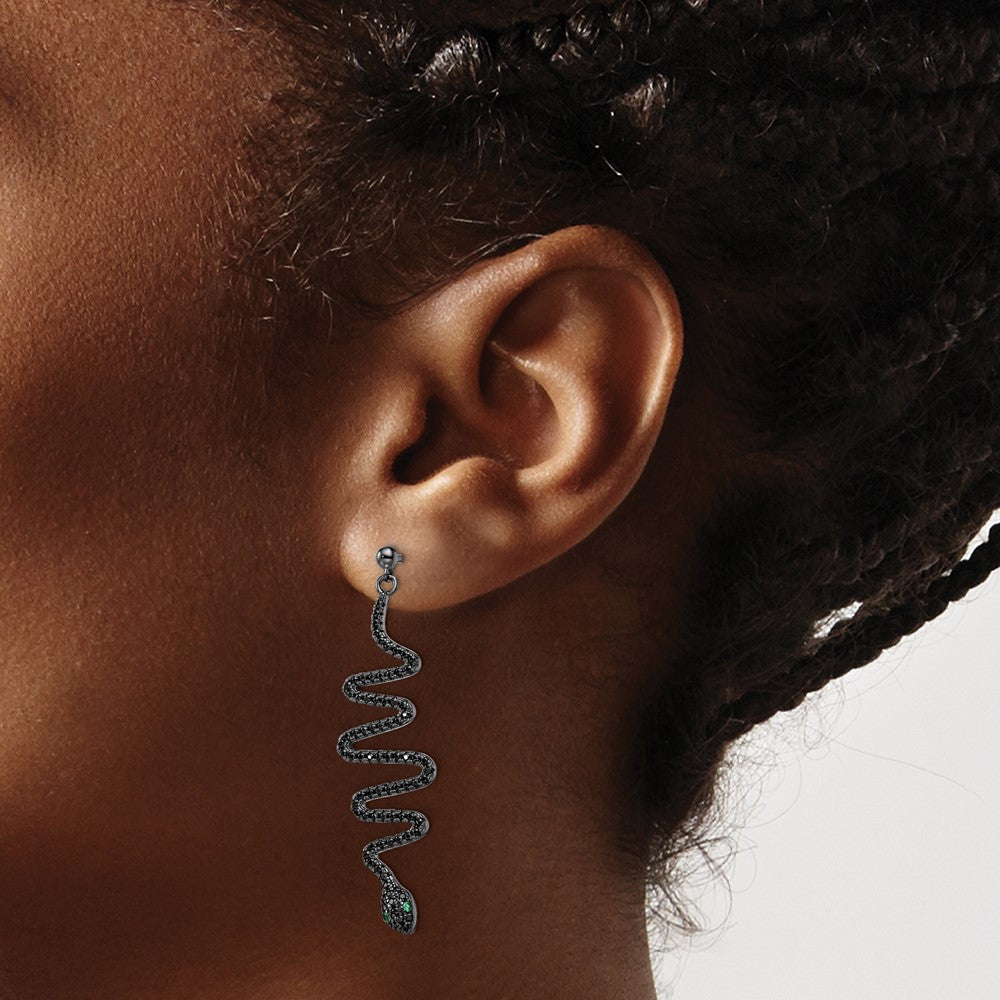 QMP1459 Brilliant Embers Sterling Silver Rhodium-plated 170 Stone Green and Black Spinel Snake Post Dangle Earrings