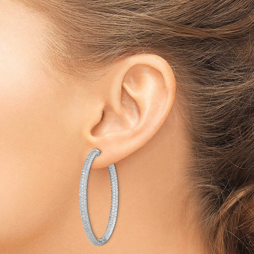 QMP325 Sterling Shimmer Sterling Silver Rhodium-plated 460 Stone Pav������������������������������������������������������ 1.5mm CZ In and Out Round Hinged Hoop Earrings