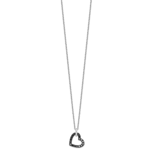 White Night Sterling Silver Rhodium-plated Black and White Diamond Heart Necklace with 2 Inch Extender QP2162