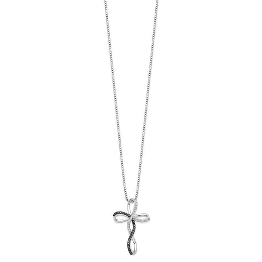 White Night Sterling Silver Rhodium-plated Black and White Diamond Cross 18 Inch Necklace with 2 Inch Extender QP2173