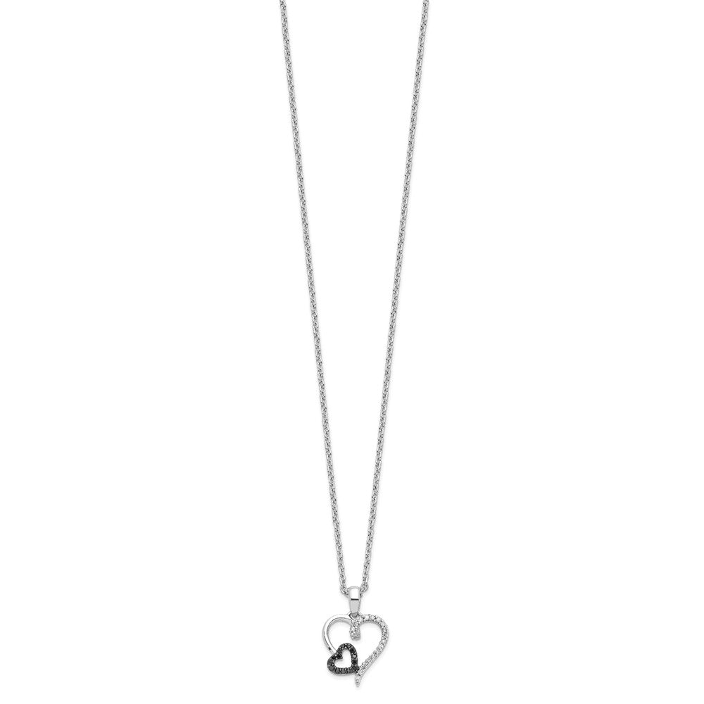 White Night Sterling Silver Rhodium-plated Black and White Diamond Double Heart 18 Inch Necklace with 2 Inch Extender QP2304
