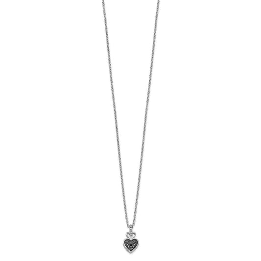 White Night Sterling Silver Rhodium-plated White and Black Diamond Heart 18 Inch Necklace with 2 Inch Extender QP3742