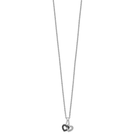 White Night Sterling Silver Rhodium-plated Black and White Diamond Double Heart 18 Inch Necklace with 2 Inch Extender QP3757