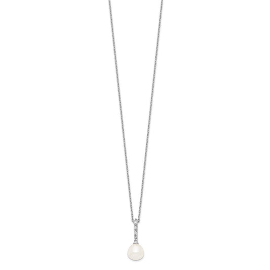 Sterling Silver Rhodium-plated 7-8mm White Teardrop Freshwater Cultured Pearl and CZ 17 inch Necklace QP4630