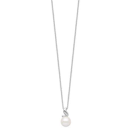 Sterling Silver Rhodium-plated 9-10mm White Button Freshwater Cultured Pearl and CZ 17 inch Necklace QP4631