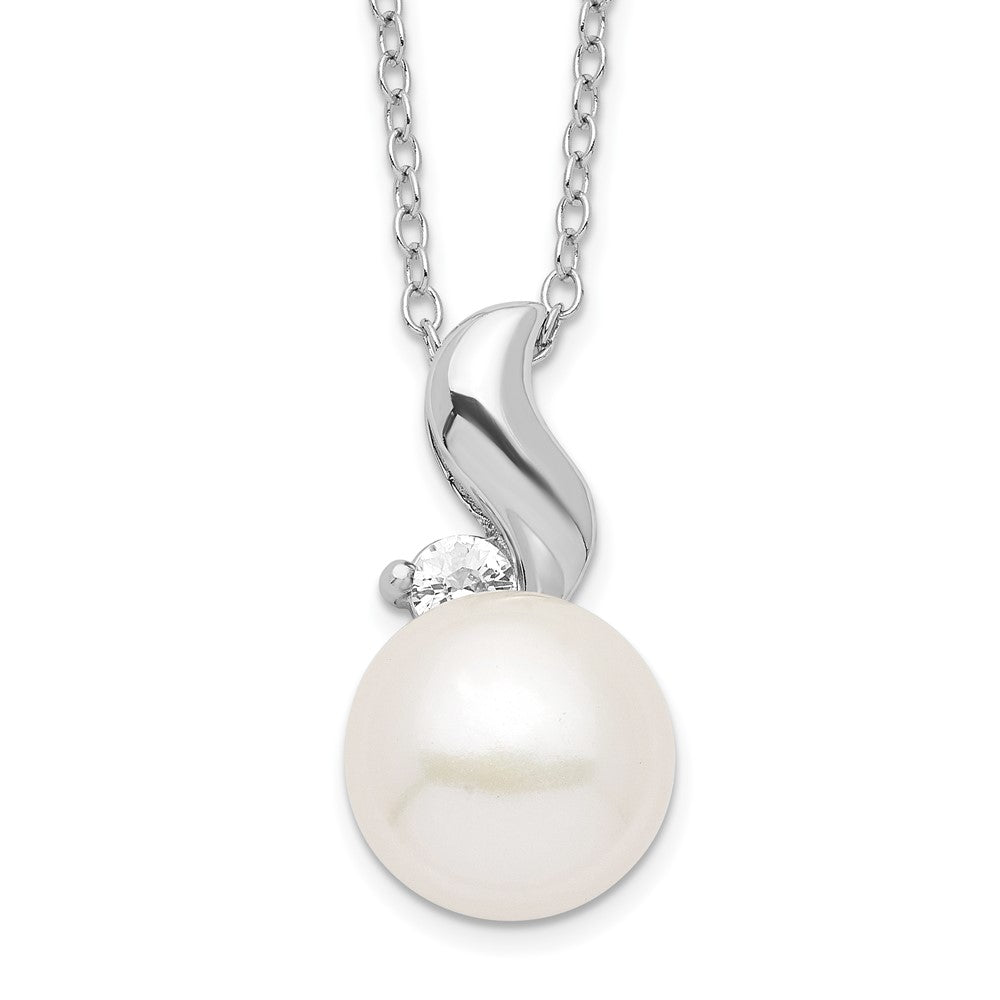 Sterling Silver Rhodium-plated 9-10mm White Button Freshwater Cultured Pearl and CZ 17 inch Necklace QP4631