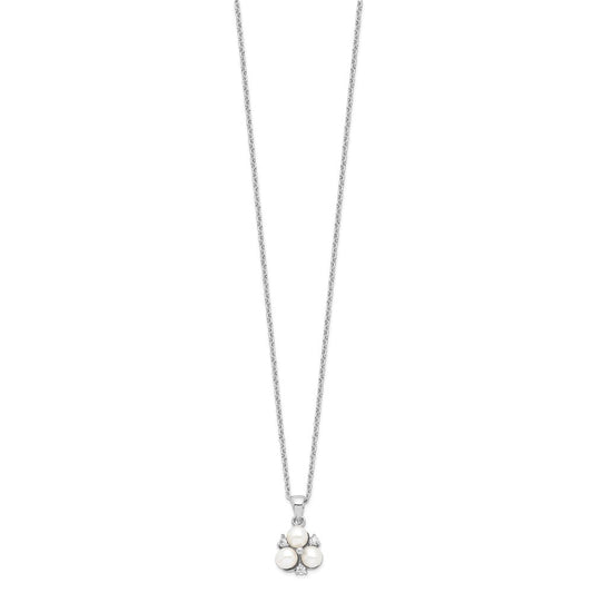 Sterling Silver Rhodium-plated 5-6mm White Button Freshwater Cultured 3-Pearl and CZ 17 inch Necklace QP4633