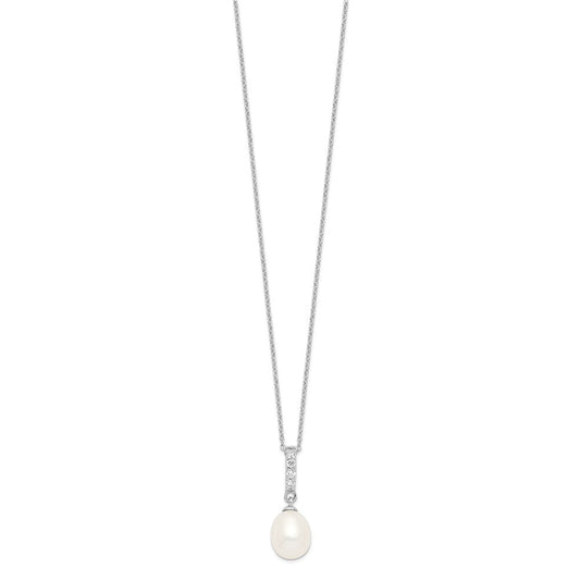 Sterling Silver Rhodium-plated 8-9mm White Teardrop Freshwater Cultured Pearl and CZ 17 inch Necklace QP4699