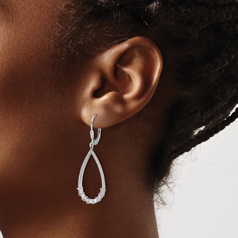 QSH110 Sterling Shimmer Sterling Silver Rhodium-plated CZ 96 Stone Teardrop Dangle Leverback Earrings