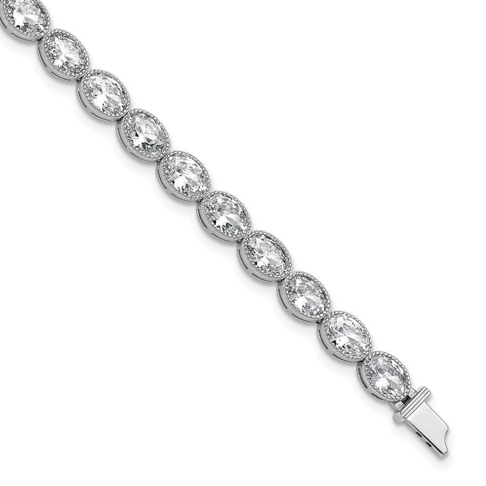Sterling Shimmer Sterling Silver Rhodium-plated 6mm x 4mm CZ 25 Stone Oval Link 6.75 inch Bracelet QSH155-6.75
