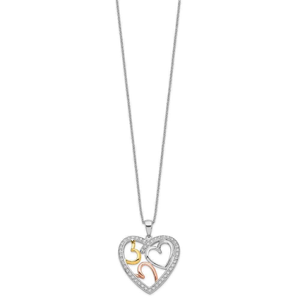 Sentimental Expressions Sterling Silver Rhodium Rose and Gold-plated CZ The Bond of Love Heart 18 inch Necklace with Poem Card QSX245