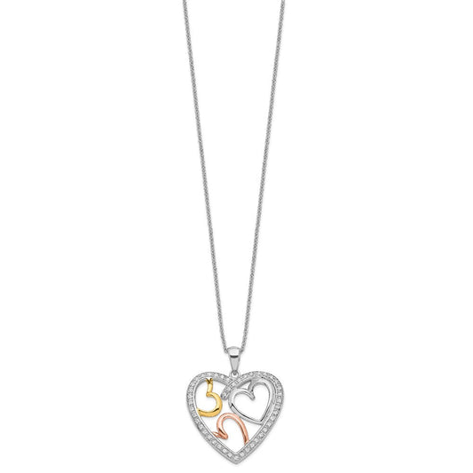 Sentimental Expressions Sterling Silver Rhodium Rose and Gold-plated CZ The Bond of Love Heart 18 inch Necklace with Poem Card QSX245