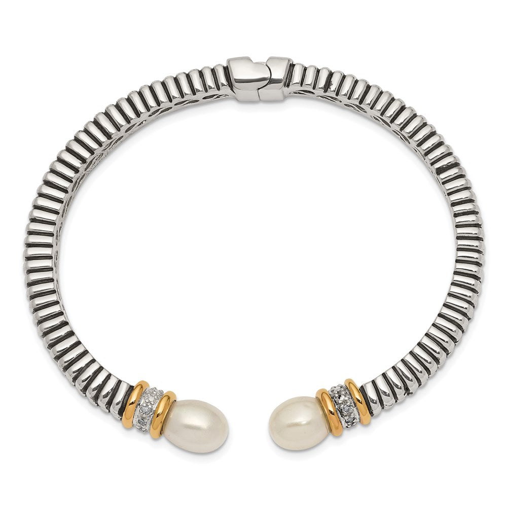 Shey Couture Sterling Silver with 14K Accent Antiqued 10x7.5mm Freshwater Cultured Pearl and Diamond Hinged Cuff Bracelet QTC100
