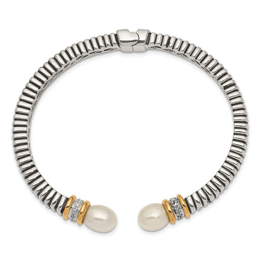 Shey Couture Sterling Silver with 14K Accent Antiqued 10x7.5mm Freshwater Cultured Pearl and Diamond Hinged Cuff Bracelet QTC100