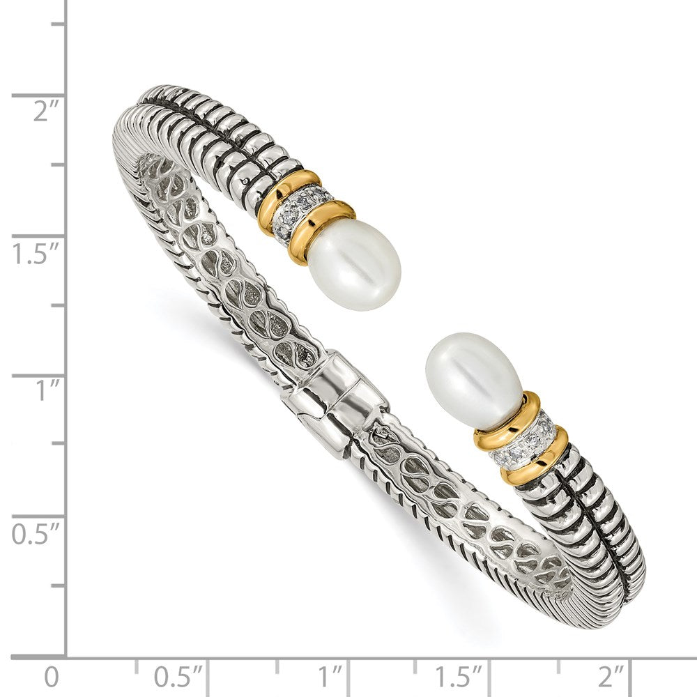 Shey Couture Sterling Silver with 14K Accent Antiqued 10x7.5mm Freshwater Cultured Pearl and Diamond Hinged Cuff Bracelet QTC100