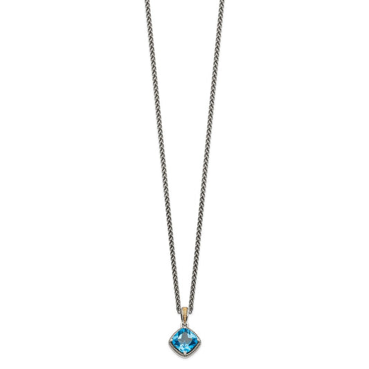 Shey Couture Sterling Silver with 14K Accent 18 Inch Antiqued Cushion Blue Topaz Necklace QTC1044