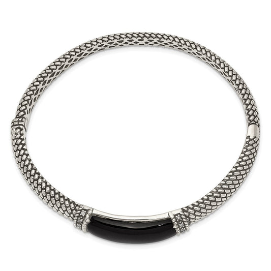 Shey Couture Sterling Silver Antiqued Black Onyx and Diamond Hinged Bangle Bracelet QTC111