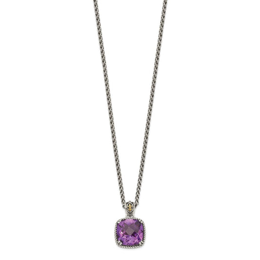Shey Couture Sterling Silver with 14K Accent 18 Inch Antiqued Cushion Checkerboard Amethyst Necklace QTC1216