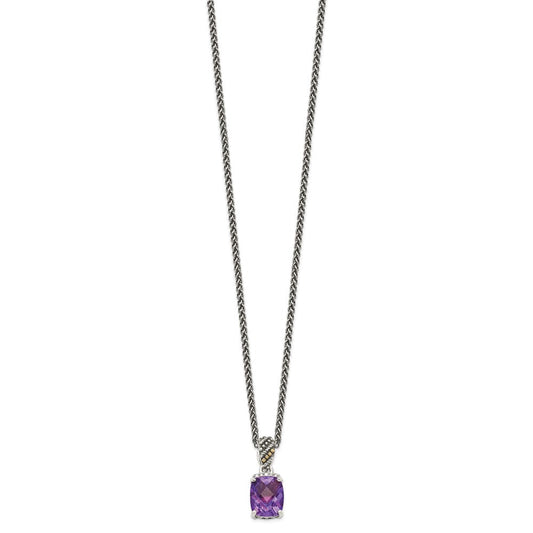 Shey Couture Sterling Silver with 14K Accent 18 Inch Antiqued Diamond and Checkerboard-cut Cushion Amethyst Necklace QTC1225