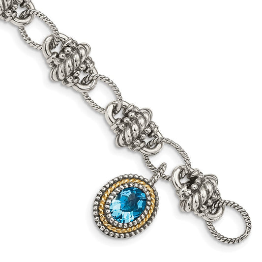 Shey Couture Sterling Silver with 14K Accent 7.5 Inch Antiqued Oval Light Swiss Blue Topaz Bracelet QTC1284