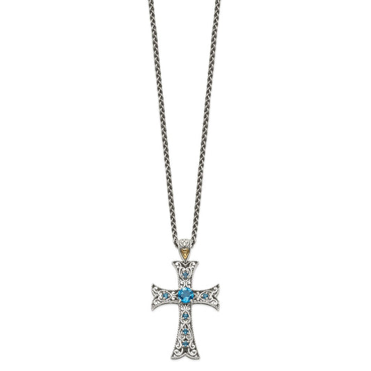 Shey Couture Sterling Silver with 14K Accent 18 Inch Antiqued Round London Blue Topaz Cross Necklace QTC1378