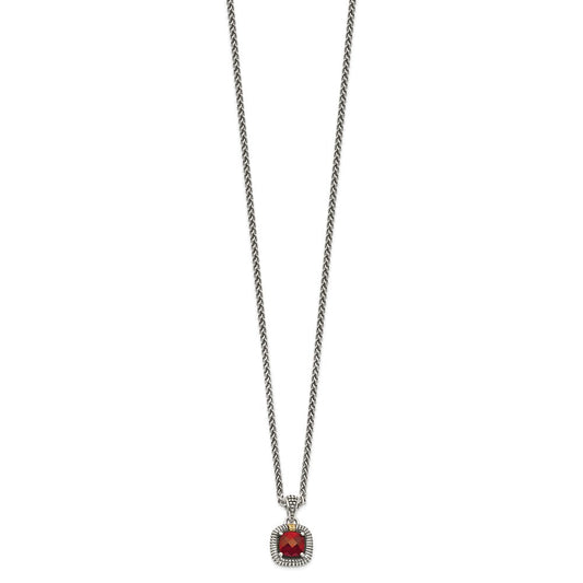 Shey Couture Sterling Silver with 14K Accent 18 Inch Antiqued Checkerboard Bezel Garnet Necklace QTC1396