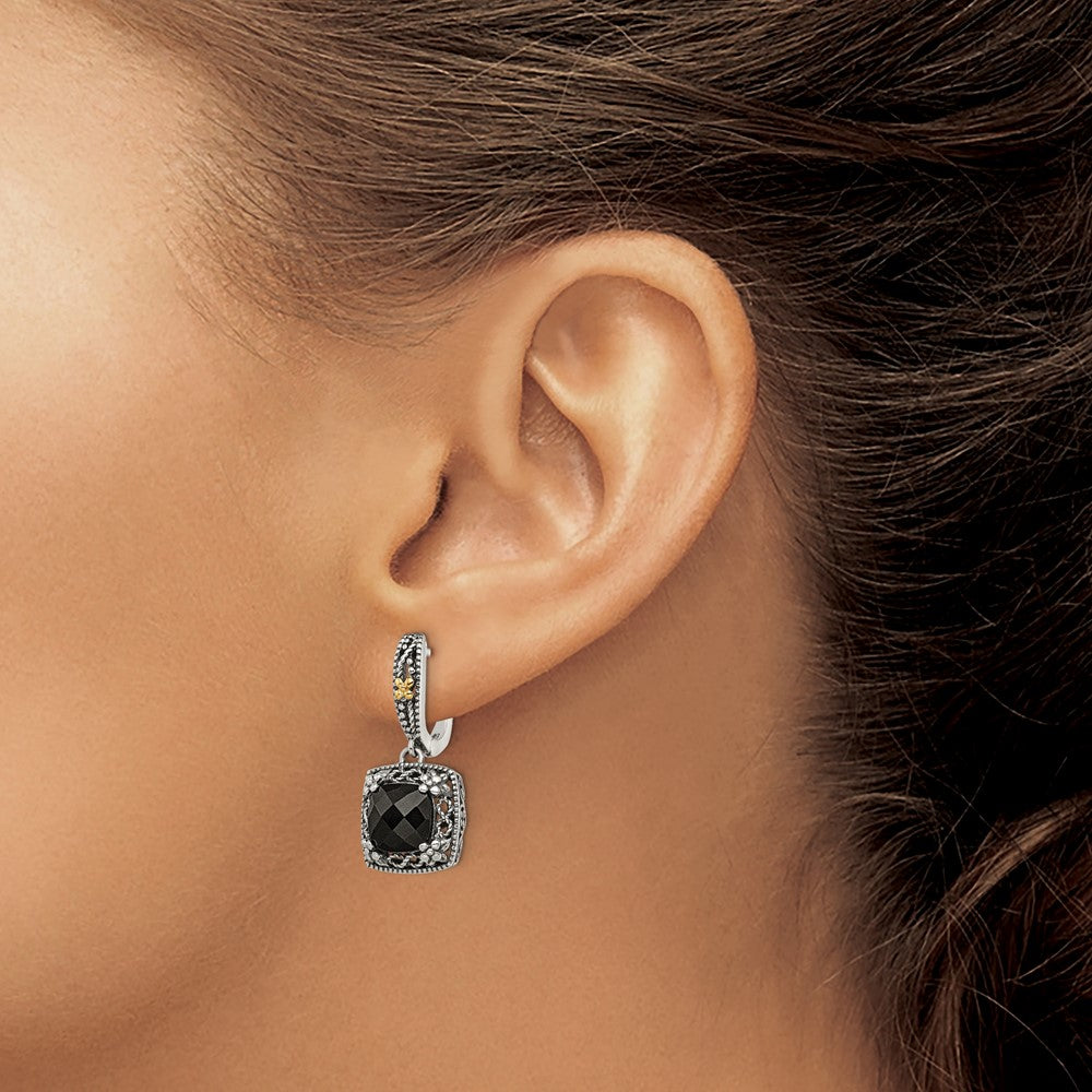 QTC1545 Shey Couture Sterling Silver with 14K Accent Antiqued Checkerboard-cut Black Onyx Hinged Hoop Dangle Earrings