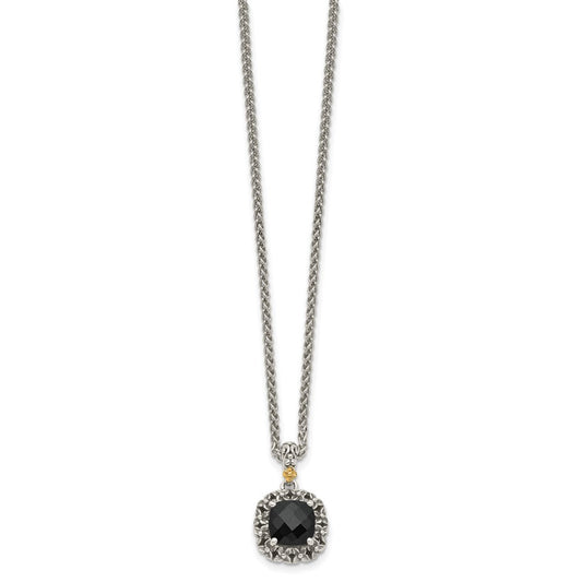 Shey Couture Sterling Silver with 14K Accent 18 Inch Antiqued Checkerboard-cut Black Onyx Necklace QTC1546
