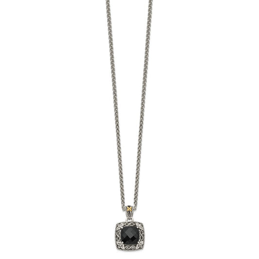Shey Couture Sterling Silver with 14K Accent 18 Inch Antiqued Checkerboard-cut Black Onyx Necklace QTC1547