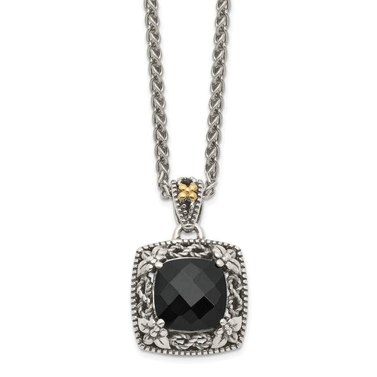 Shey Couture Sterling Silver with 14K Accent 18 Inch Antiqued Checkerboard-cut Black Onyx Necklace QTC1547